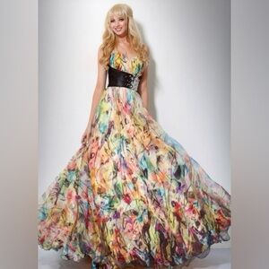 JOVANI COLORFUL ABSTRACT PRINT EVENING DRESS - 7483